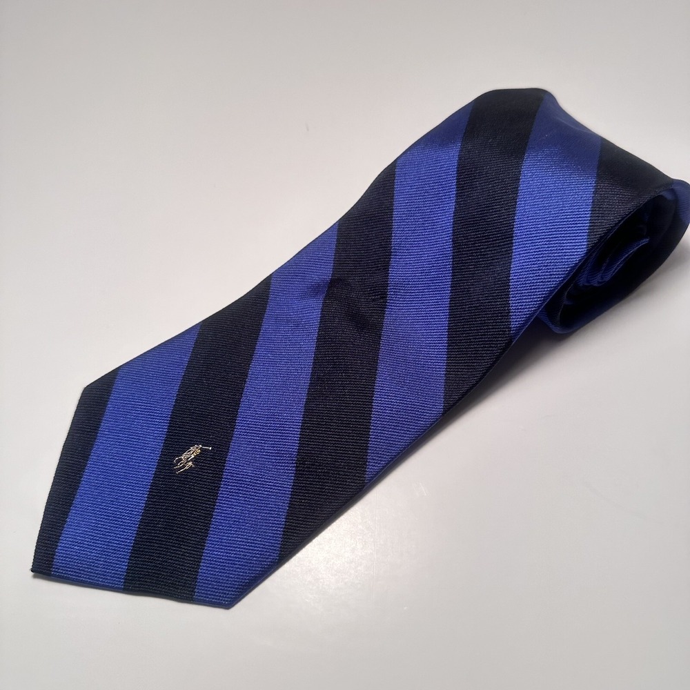 Polo Ralph Lauren Silk Neck Tie Blue Black Stripe w/Pony USA Length 57" Width 4"